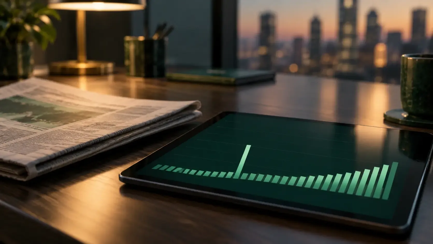 Tablet on a desk showing a volume chart with one brief spike and a steady rise, next to a folded newspaper